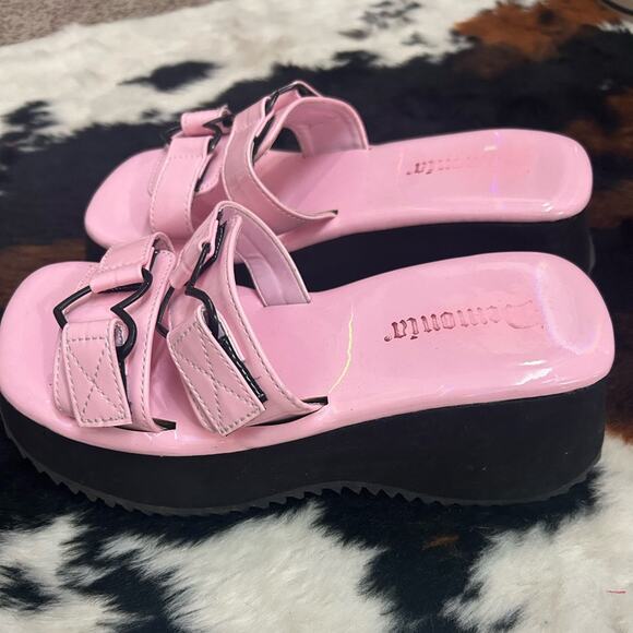 Demonia Flip Pink Hologram Slip On Double Heart Wedge Sandals - Picture 4 of 6